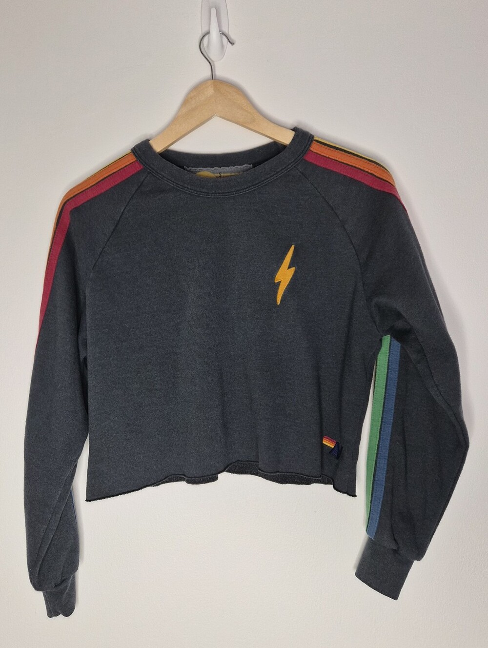 Aviator Nation Charcoal Gray Lightning Bolt Cropped Sweatshirt Retro Rainbow S